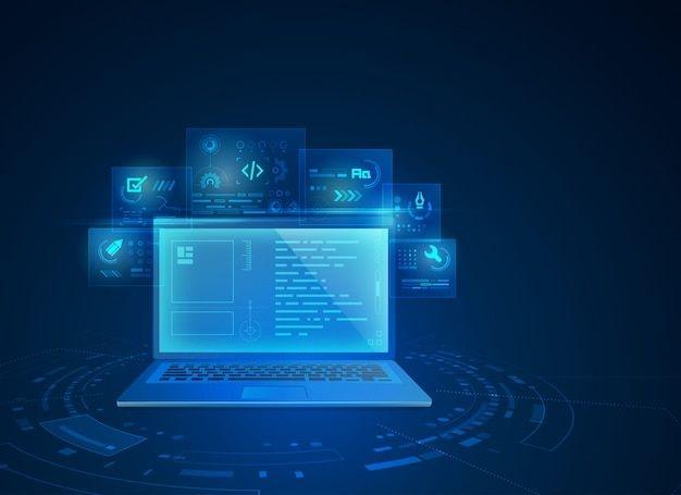 Mobile app project planning workspace with devices and development tools